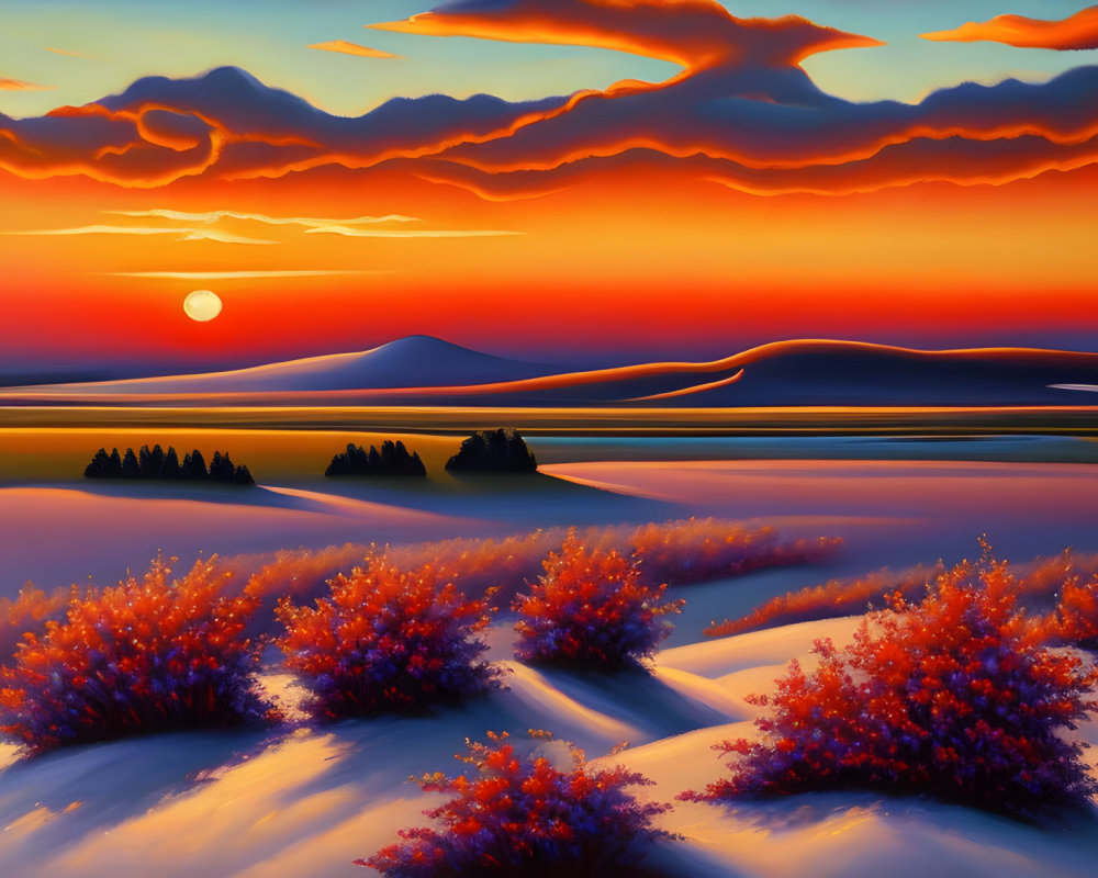 Fiery sunset over rolling dunes and flowering shrubs by serene water.