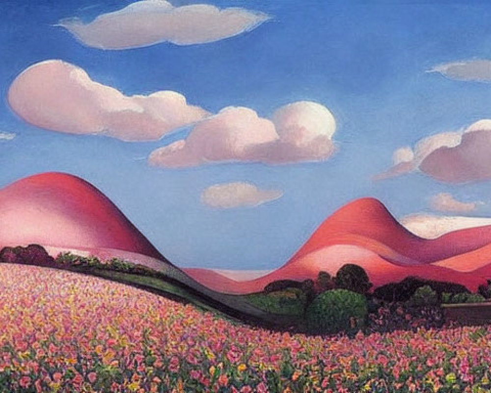 Colorful landscape painting: pink hills, blue sky, flowers