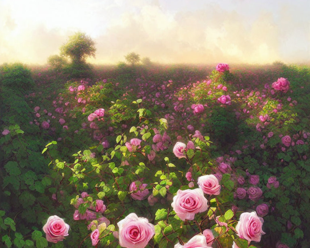 Pink roses in a serene morning garden landscape