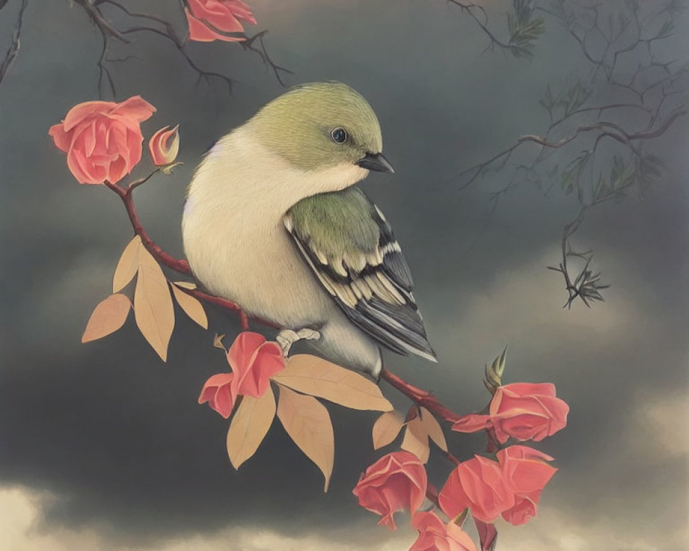 Green and White Bird on Branch with Pink Blossoms and Amber Leaves