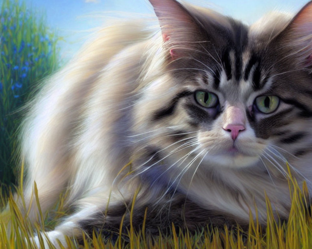 Long-haired tabby cat with green eyes lounging in grassy field