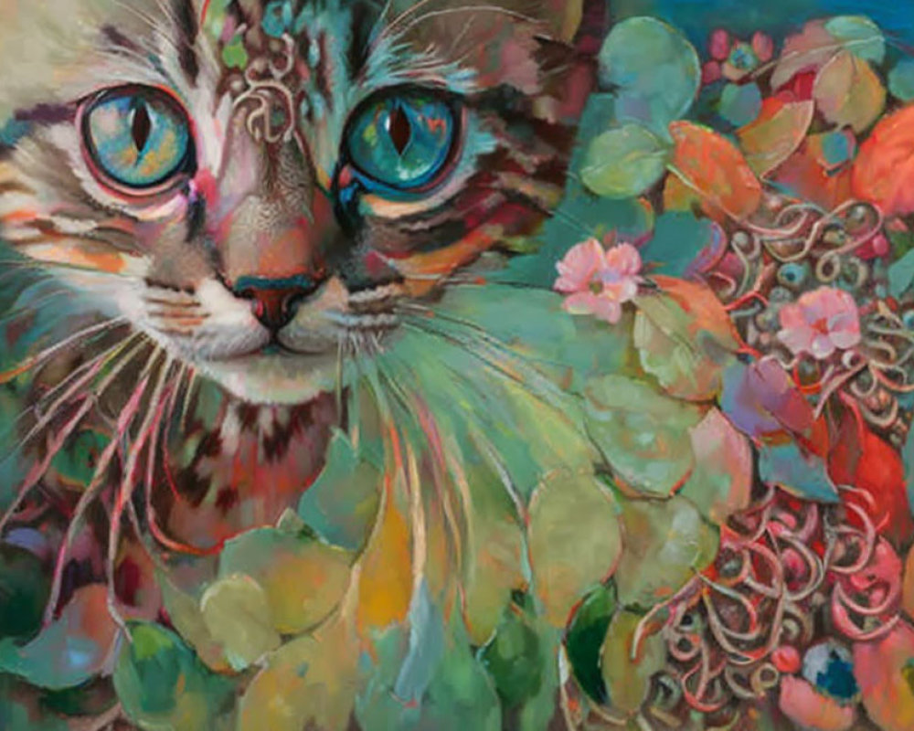 Vibrant cat painting with blue eyes and floral patterns