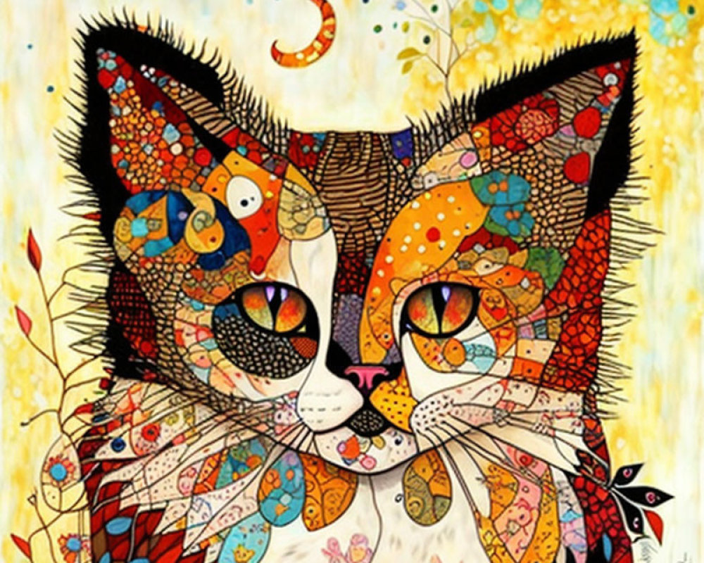 Vibrant cat painting with large eyes and crescent moon