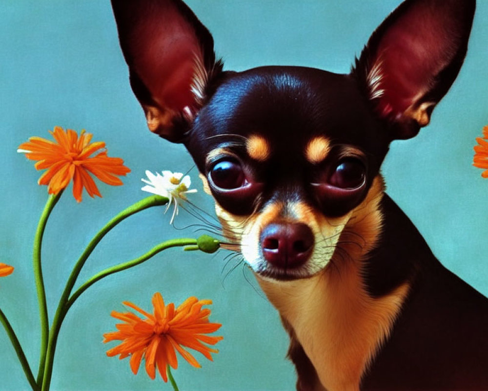 Chihuahua with Large Ears Among Orange Flowers on Blue Background