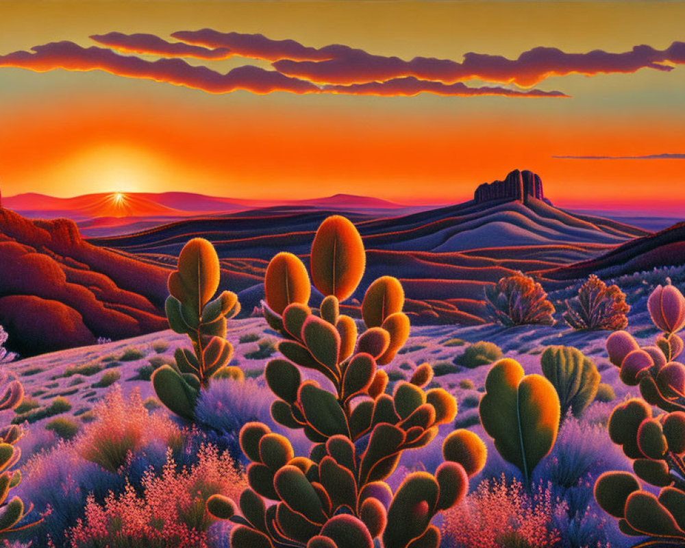 Scenic landscape painting: sun setting over hills with cacti in foreground