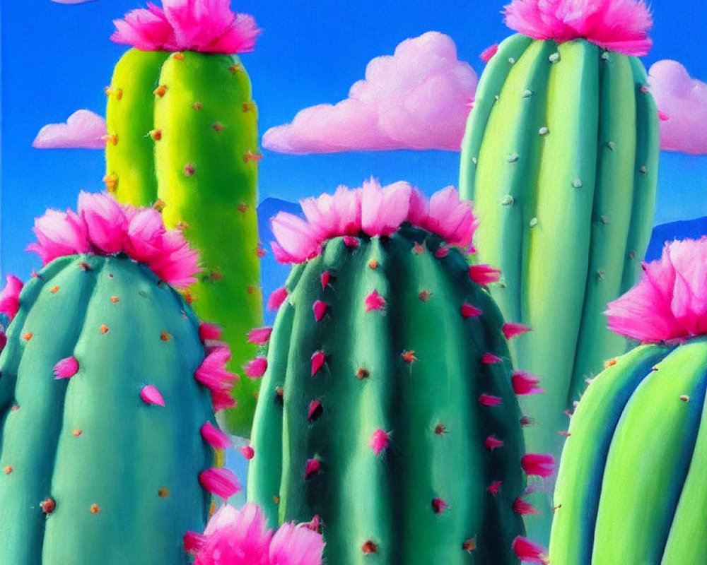 Vibrant green cacti and pink flowers under blue sky with fluffy clouds