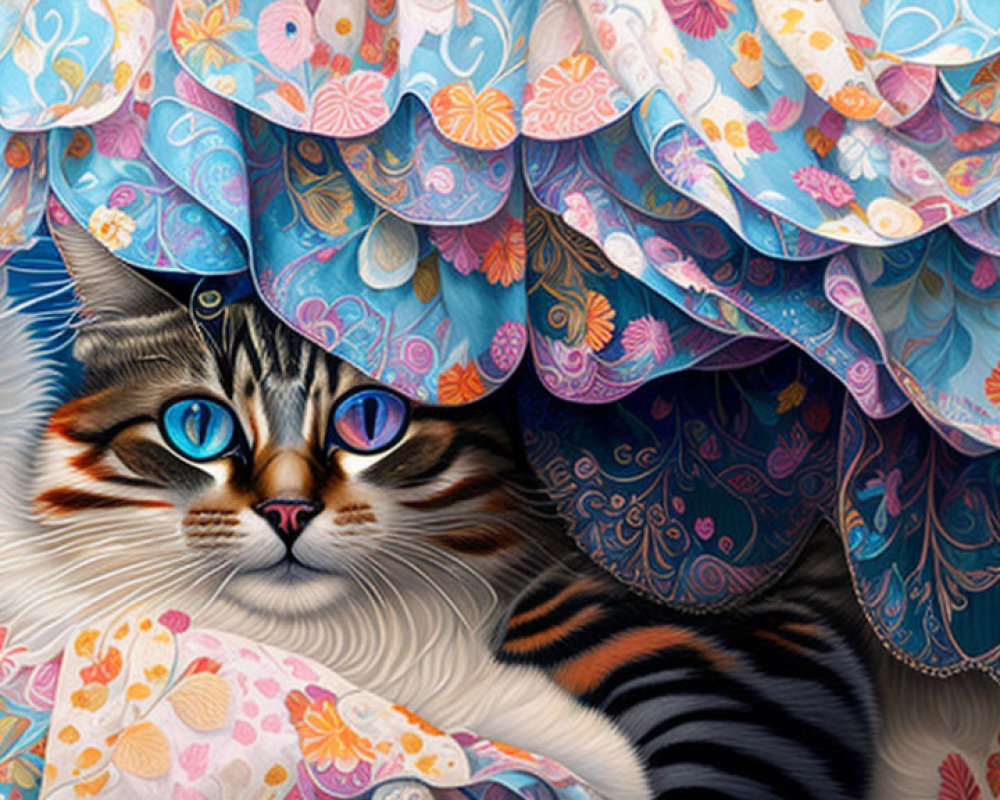 Colorful Cat Illustration with Striking Blue Eyes and Vibrant Fabrics