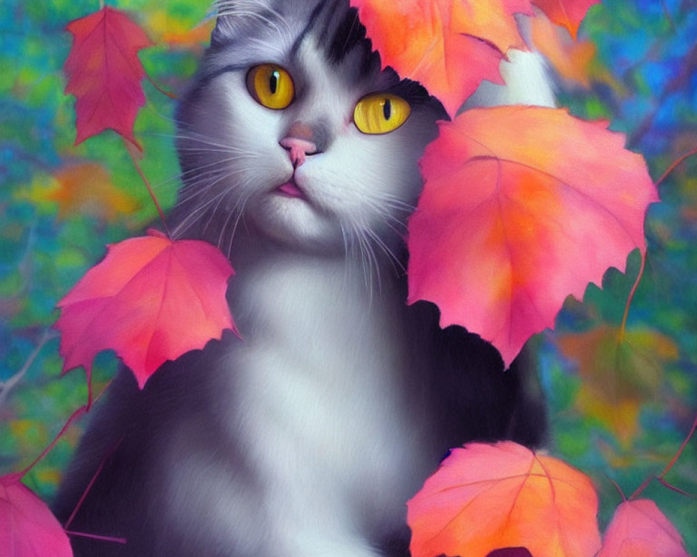 Grey and White Cat with Yellow Eyes Peeking Through Autumn Leaves