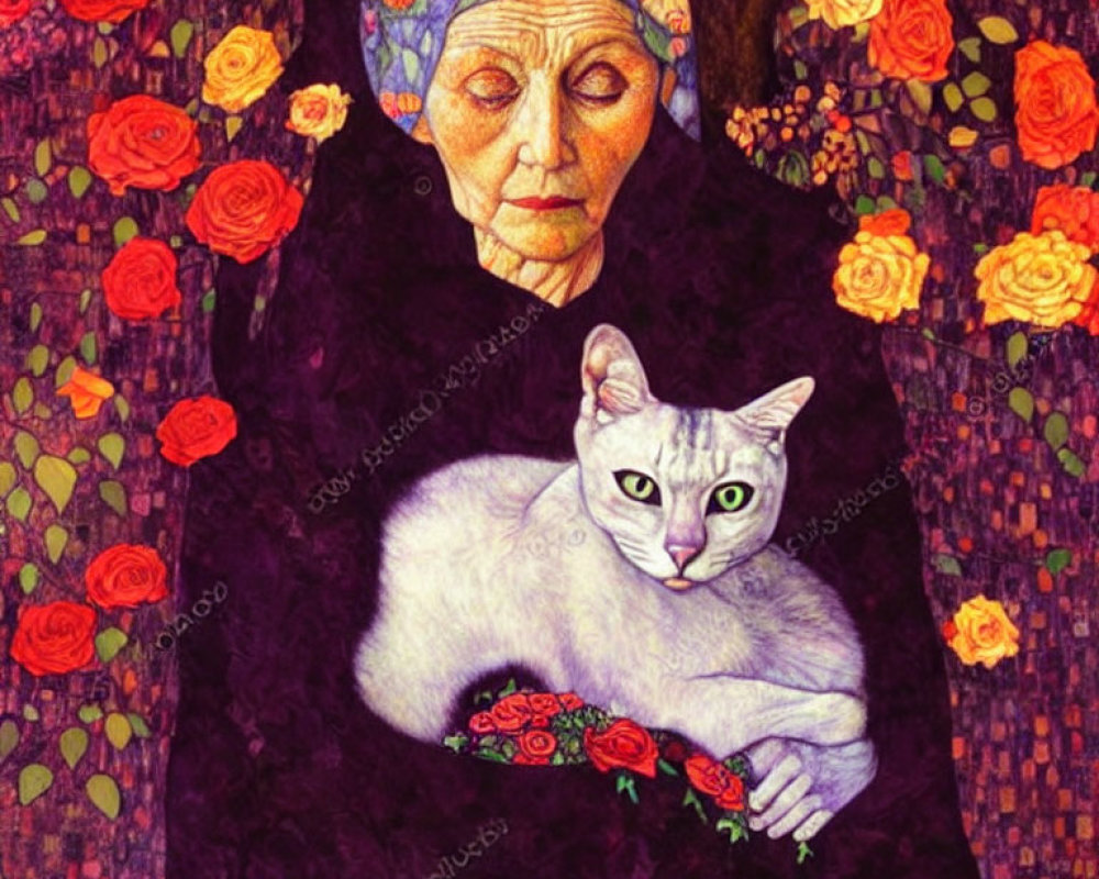 Elderly woman with cat in flower-filled setting