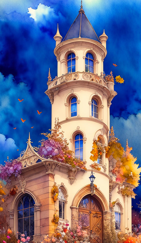 Colorful fairytale tower amidst autumn trees under blue sky with birds