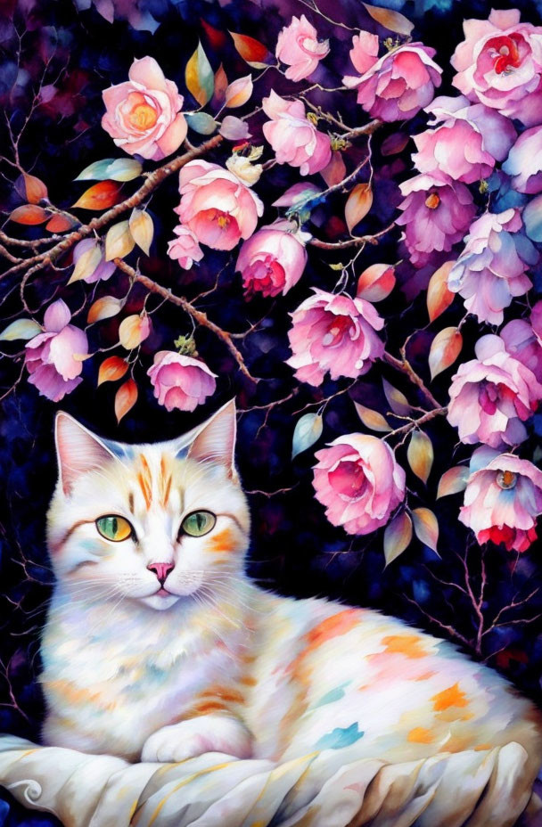 Colorful painting of serene cat with green eyes among pink and orange roses on dark floral background