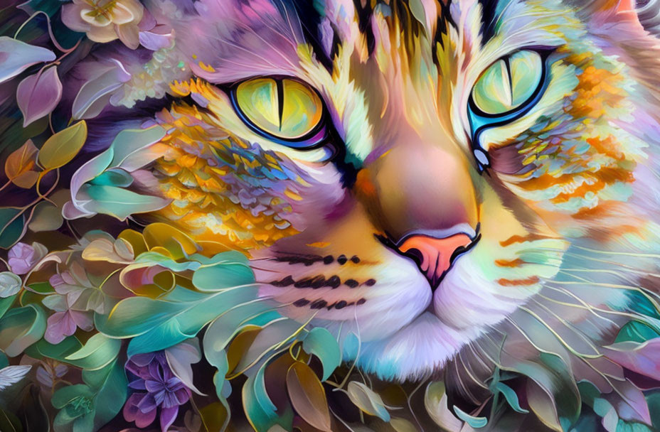 Colorful digital painting: Cat's face with floral patterns