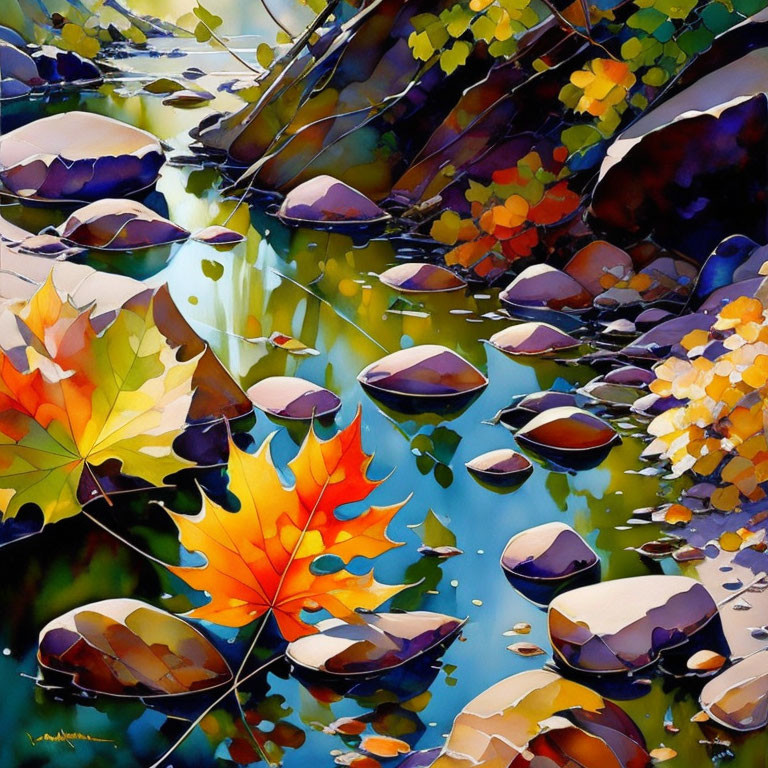 Colorful Painting: Creek Bed with Autumn Leaves and Stones