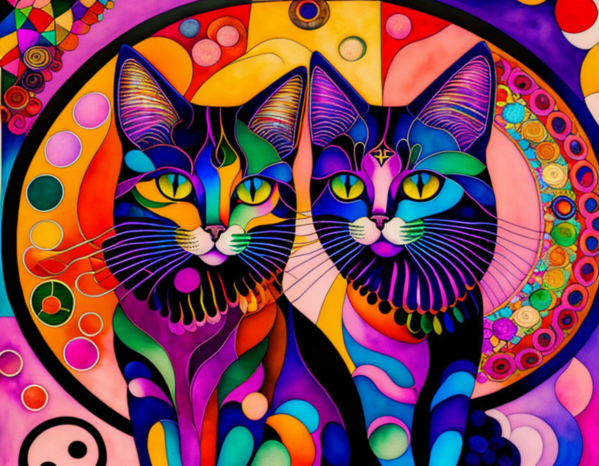 Colorful Abstract Painting of Two Cats on Purple-Pink Background