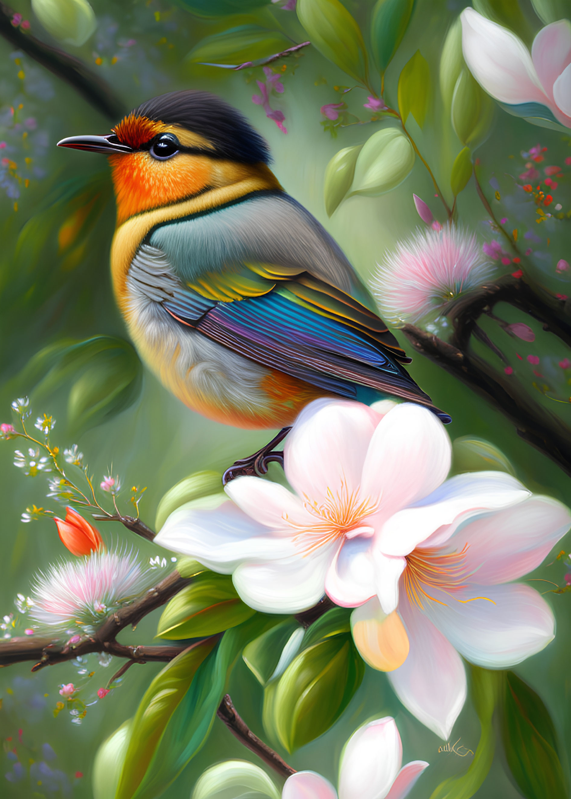 Colorful Bird Painting on Branch with Pink and White Flowers in Green Background