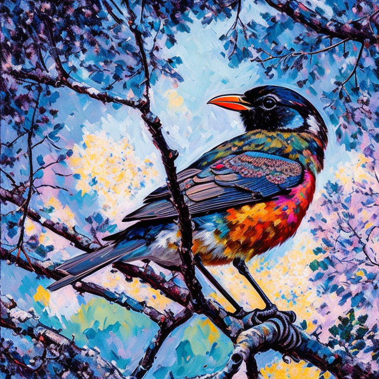 Colorful Bird Painting on Branch with Blue and Yellow Foliage