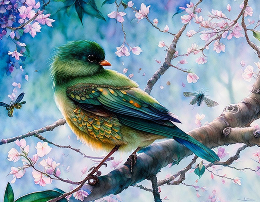 Colorful bird on blossoming tree branch with pink flowers and dragonfly.