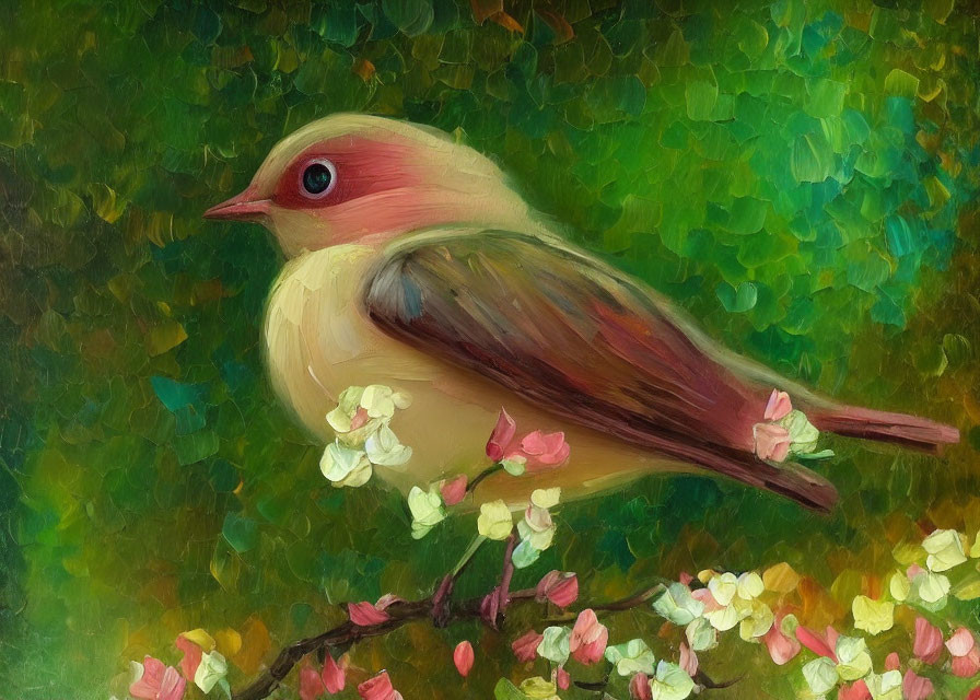 Vibrant painting of small bird on branch with pink head and brown wings