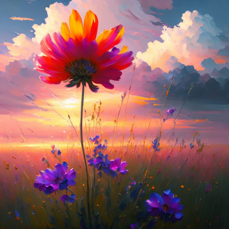 Vibrant red flower among purple wildflowers under dramatic sunset sky