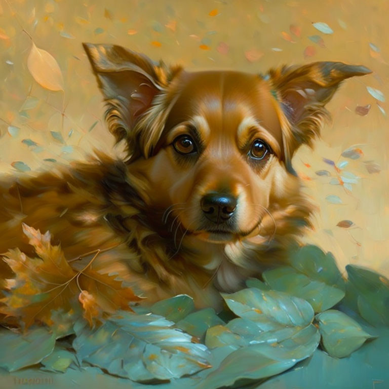 Brown Dog Surrounded by Autumn Leaves in Realistic Painting Style