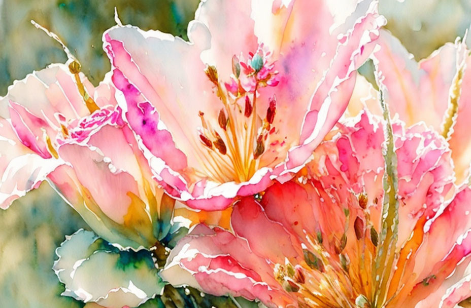 Colorful Watercolor Painting of Pink and Yellow Blossoming Flower