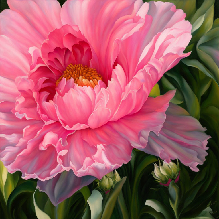 Close-up painting of pink peony with ruffled petals and golden center