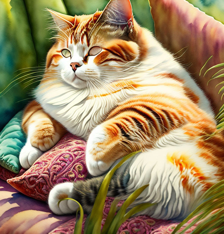 Orange and White Striped Cat Relaxing on Colorful Cushions