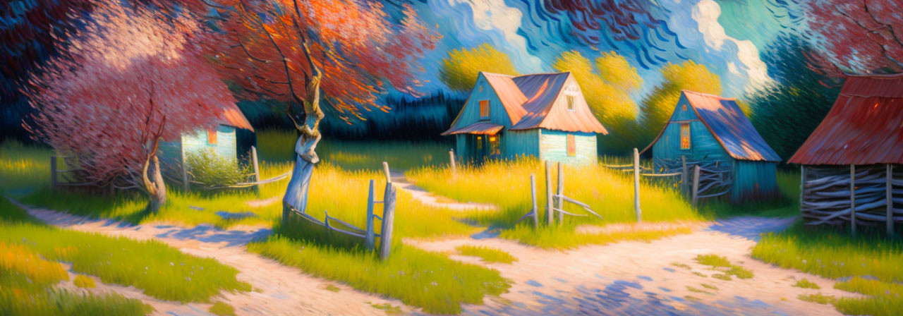 Colorful painting of rustic village with winding path and whimsical sky