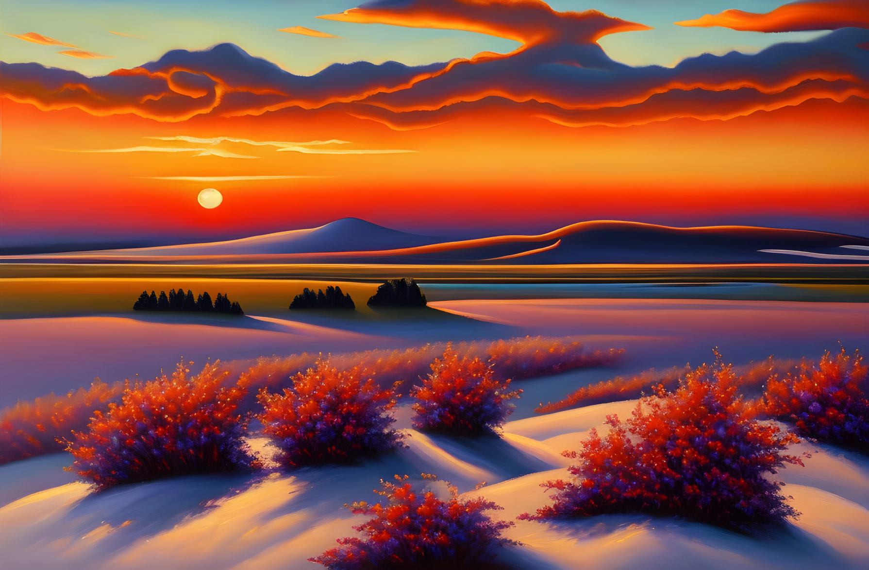 Fiery sunset over rolling dunes and flowering shrubs by serene water.