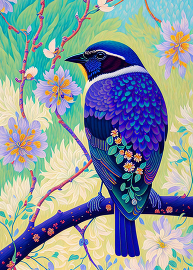 Colorful Bird Illustration with Detailed Feather Patterns on Branch among Flowers