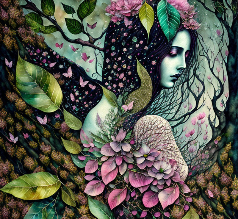 Detailed artwork of woman with floral and tree branch motifs in green, pink, and gold palette