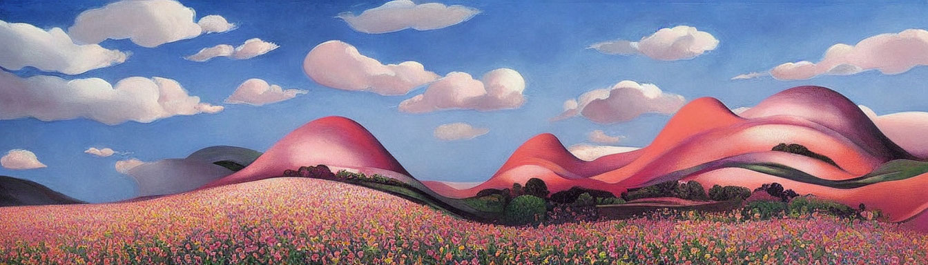 Colorful landscape painting: pink hills, blue sky, flowers