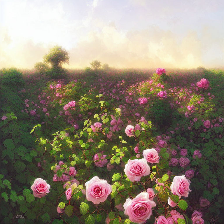 Pink roses in a serene morning garden landscape