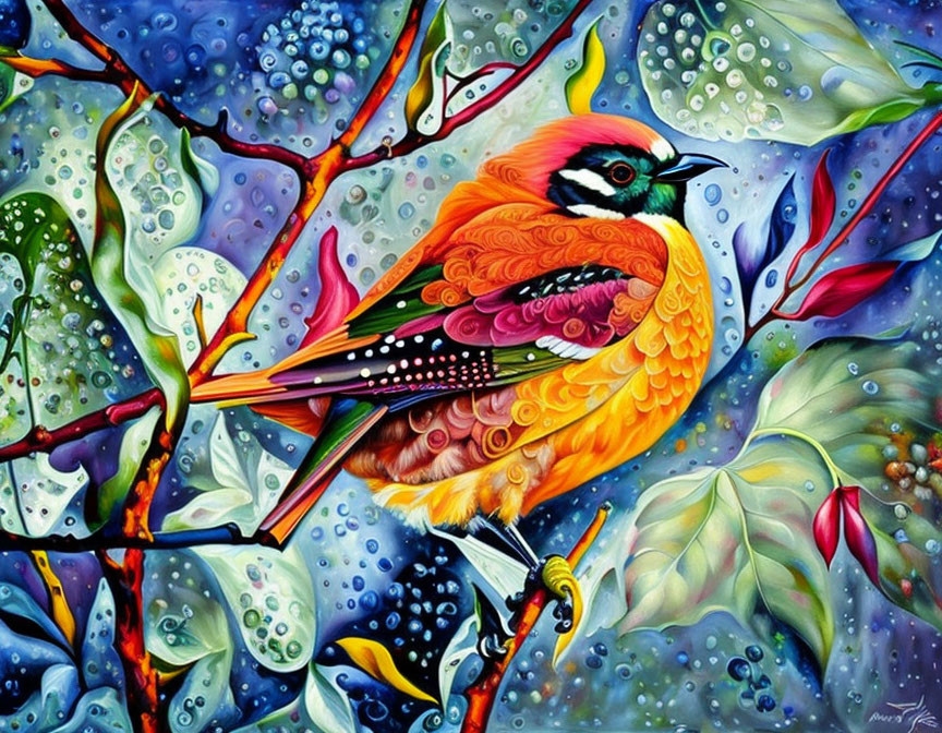 Colorful Bird Painting on Branch with Water Droplets