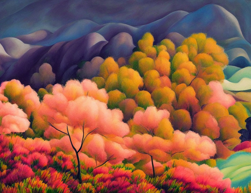 Colorful landscape painting with rolling hills and vibrant foliage in pink and yellow hues, set against purple mountains