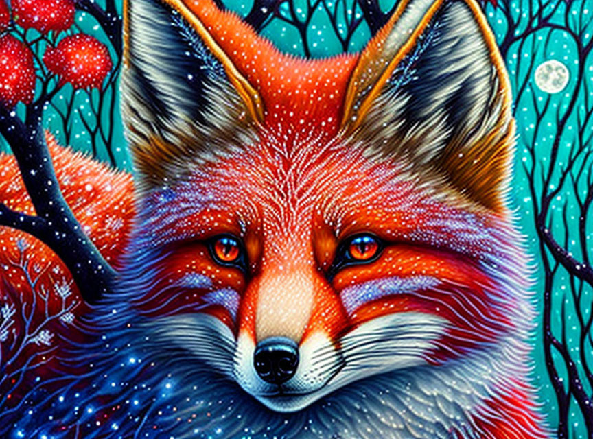 Red Fox Illustration in Snowy Forest Night Scene