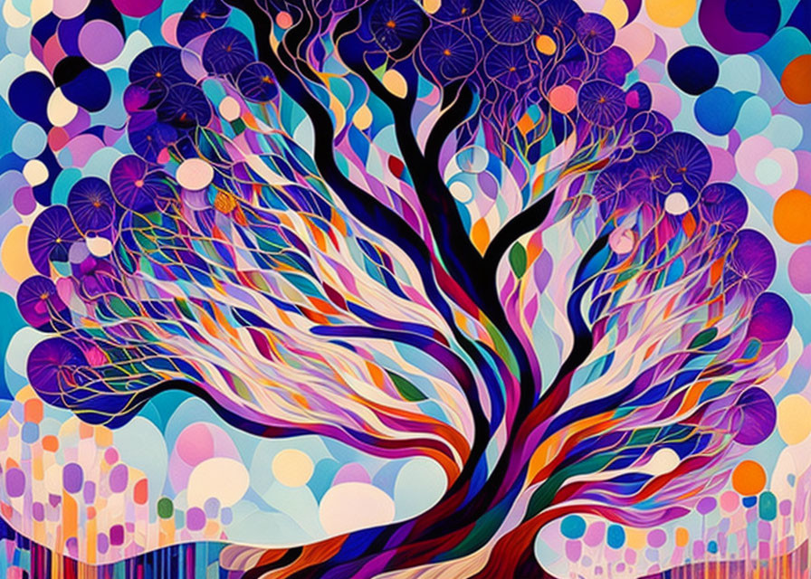 Colorful stylized tree artwork with intricate patterns on pastel background