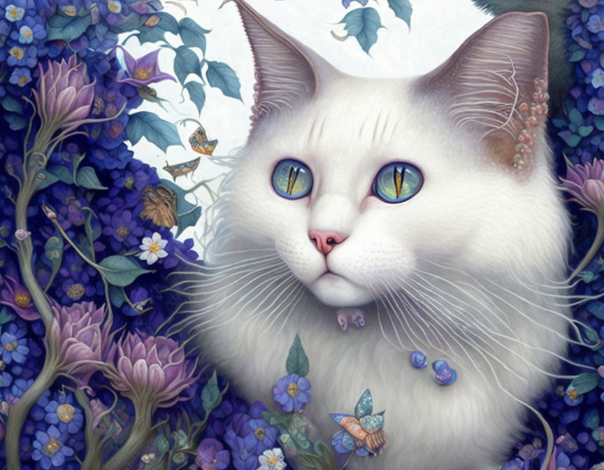 White Cat with Multicolored Eyes Surrounded by Blue and Purple Flowers