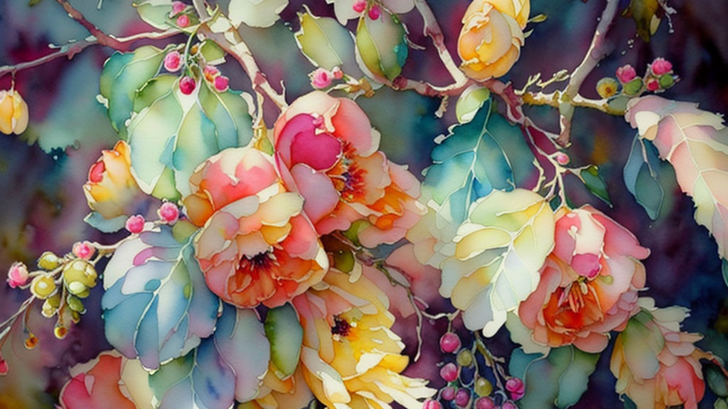 Assorted flowers in full bloom against dreamy watercolor backdrop