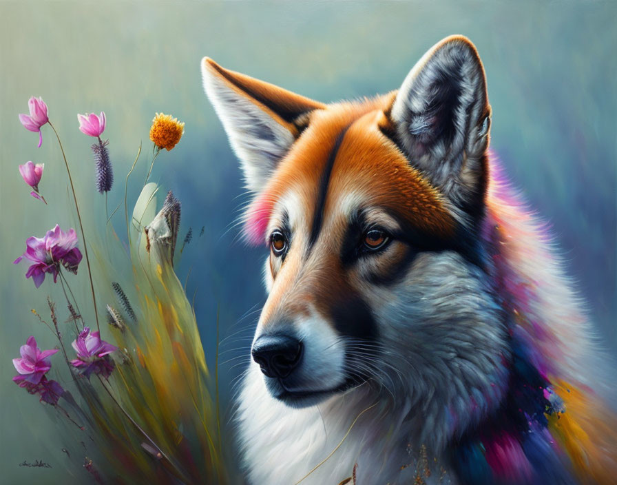 Detailed Digital Painting of Colorful Fox Among Flowers