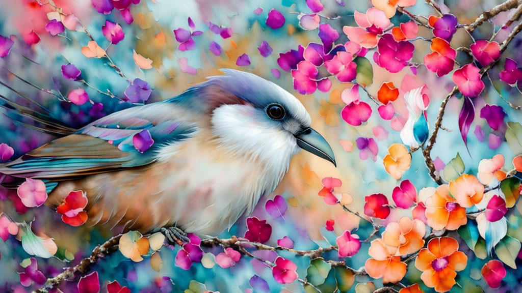 Vibrant bird illustration with blue and white plumage in pink and orange blossoms