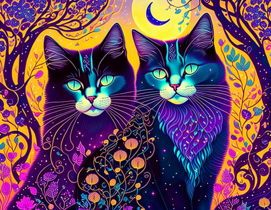 Colorful Stylized Cats in Vibrant Whimsical Setting