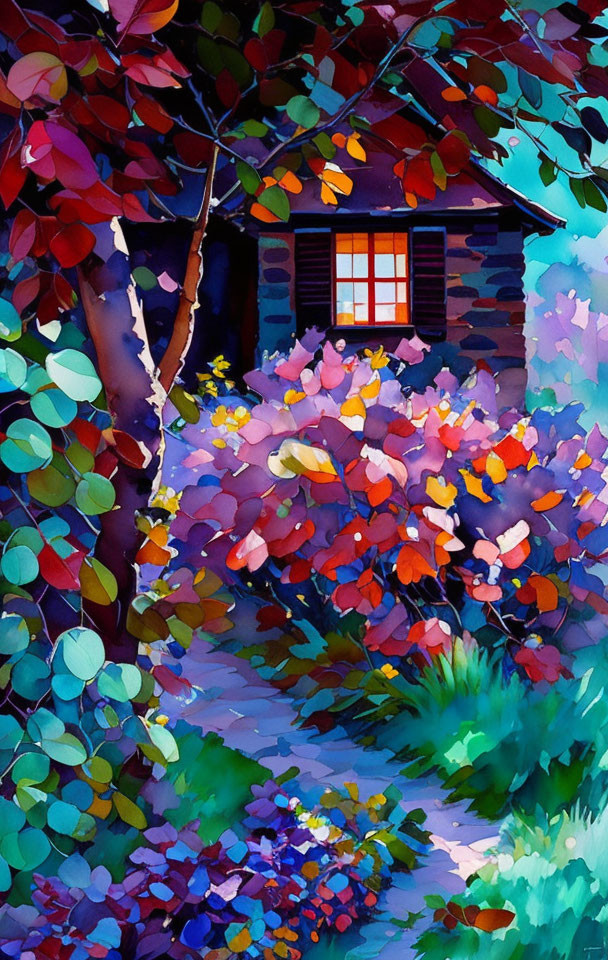 Colorful watercolor painting of cozy cabin in nature