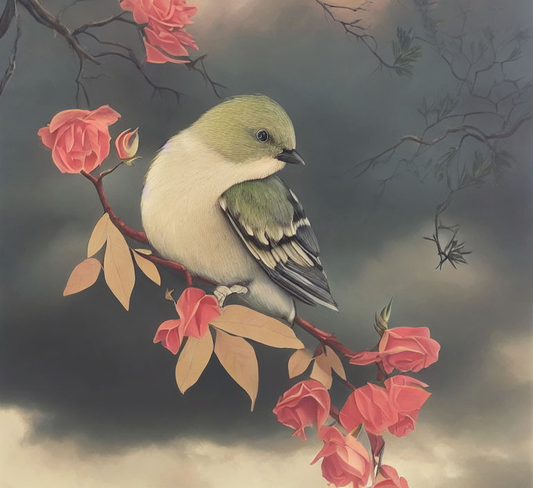 Green and White Bird on Branch with Pink Blossoms and Amber Leaves