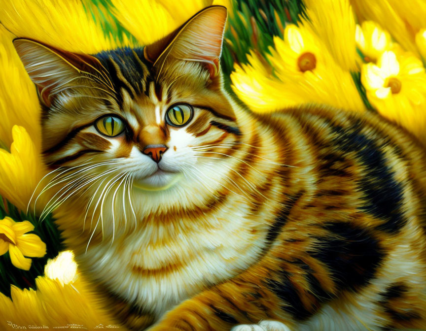 Striped Cat with Green Eyes Surrounded by Yellow Flowers