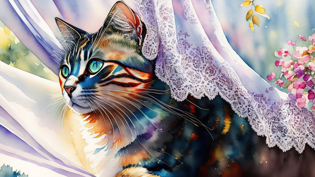 Colorful Cat Illustration with Blue Eyes and Lace Curtains Among Flowers