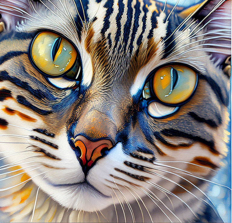 Detailed Close-Up of Cat with Striking Yellow Eyes and Colorful Fur Patterns