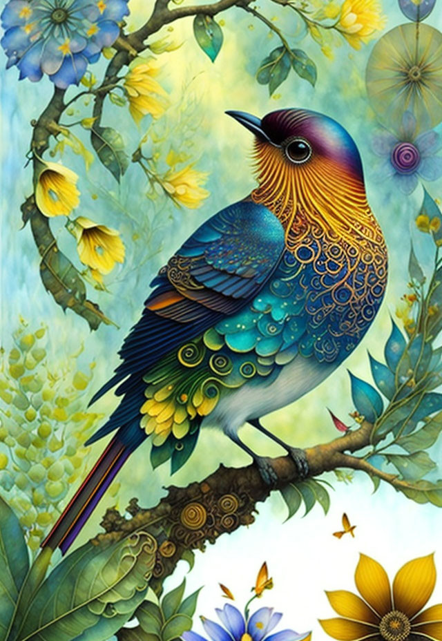 Colorful Bird Illustration with Floral Background and Intricate Patterns