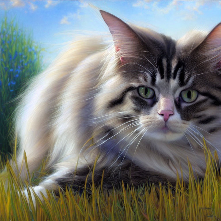 Long-haired tabby cat with green eyes lounging in grassy field