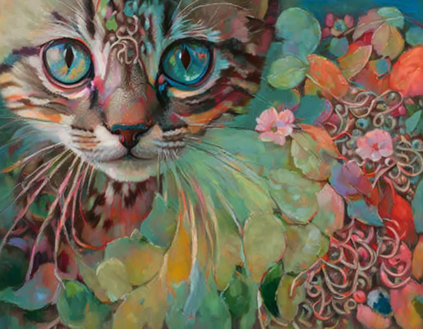 Vibrant cat painting with blue eyes and floral patterns